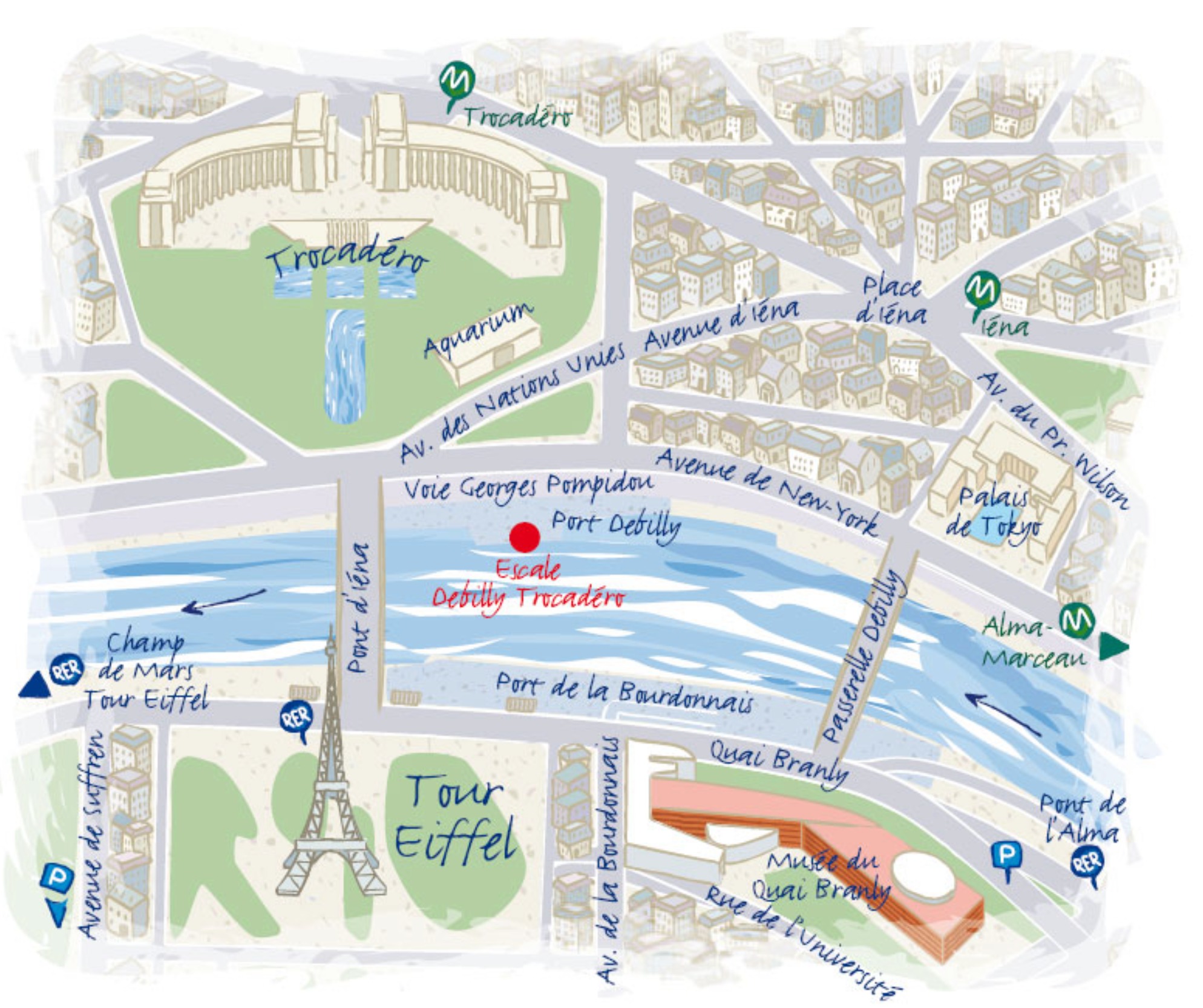 Plan illustré du quartier Trocadéro montrant l'emplacement du bateau Escale Debilly Trocadéro sur la Seine